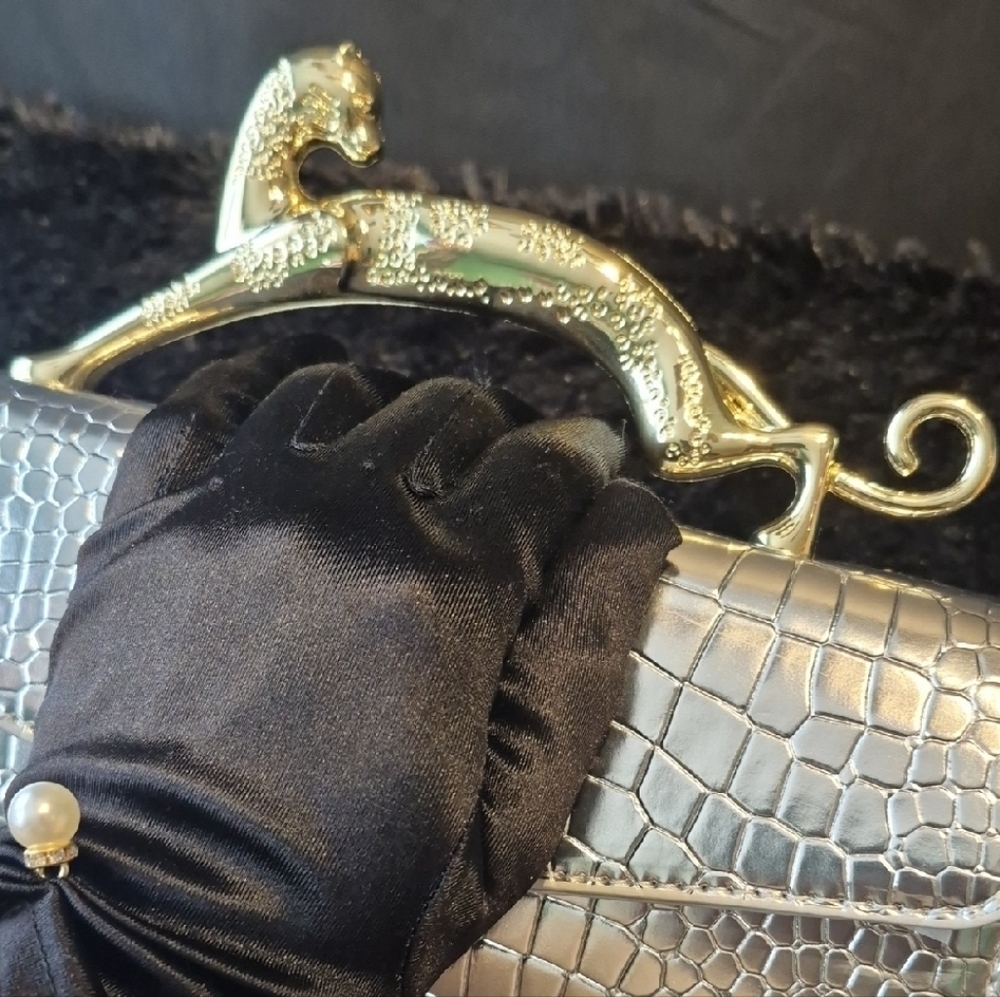 Chic Silver Crocodile Embossed Clutch with Gold Leopard Handle - Picture 9 of 17